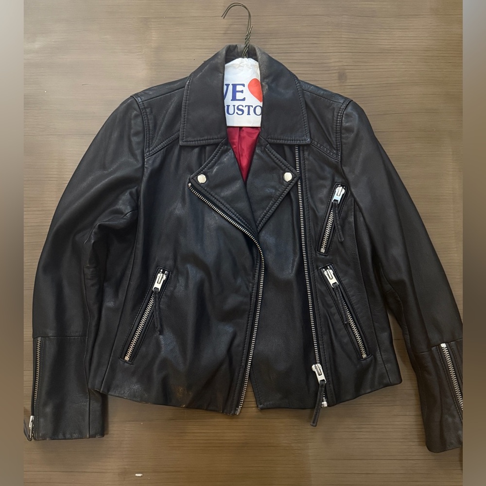 TopShop Black Leather Biker Jacket with Red Lining